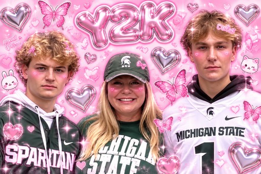 Three people in Michigan State clothing against a pink heart and butterfly backdrop