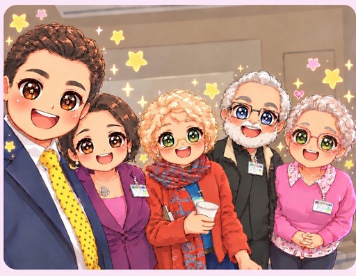 Kawaii group portrait of five smiling people in colorful formal clothing amid stars