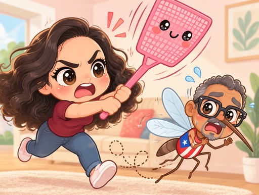Kawaii illustration of a person swatting a cartoon spider with a pink fly swatter.