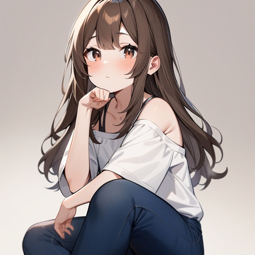 a small twelve years old european girl with brown hair that is lighter at the tips, dark brown eyes and warm coloured skin. she is wearing a off-the-shoulder white t-shirt, and dark blue jeans.