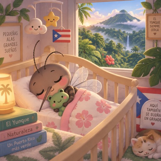 Baby Puerto Rican mosquito asleep in nursery with view of el yunque from window