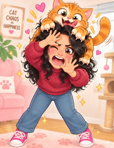 Kawaii illustration of a person playing with an orange cat, with pink hearts and pastel colors