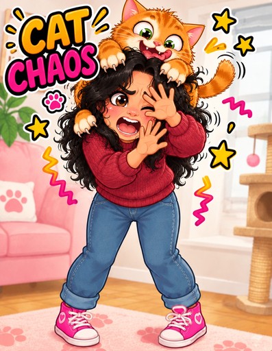 Kawaii cartoon person holding a cat, with bright stars in a pink room.