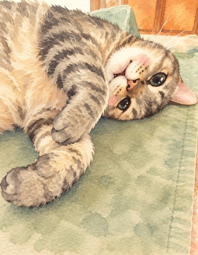 Watercolor-style tabby cat lounging on a green rug in warm sunlight