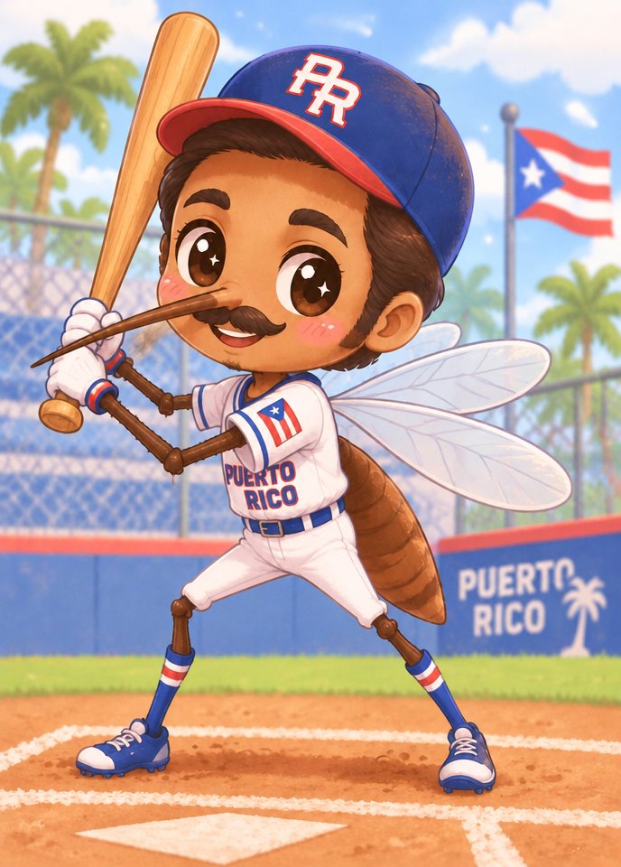 Kawaii baseball player swinging a bat on a field with Puerto Rico flags