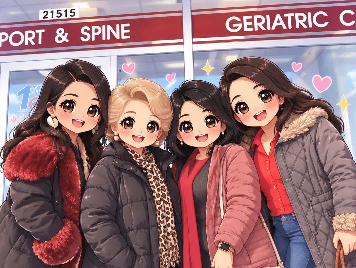 Kawaii illustration of four people in colorful coats posing outside a clinic with hearts.