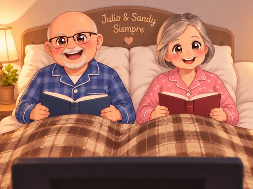 Kawaii illustration of a person reading a blue book beside a person reading a red book in bed.