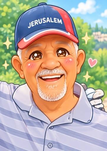 Kawaii portrait of a smiling person in a Jerusalem cap and striped shirt, with greenery and hearts.