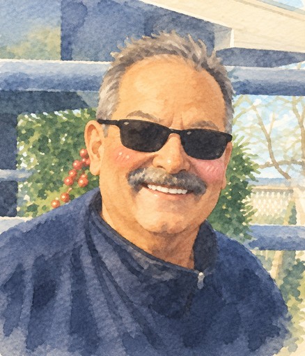 Watercolor illustration of a person wearing sunglasses and a navy jacket outdoors