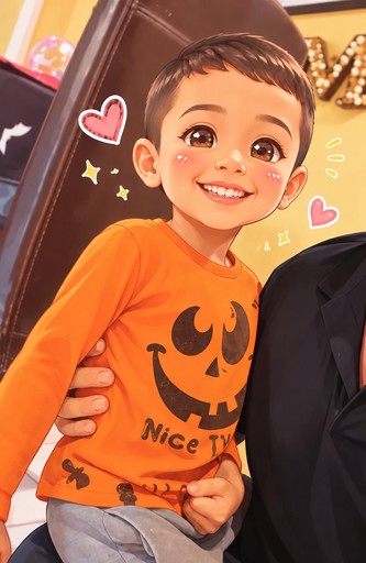 Kawaii illustration of a smiling person in an orange pumpkin shirt with hearts and stars.