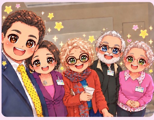 Kawaii cartoon group of five people smiling together in colorful outfits amid stars and sparkles.