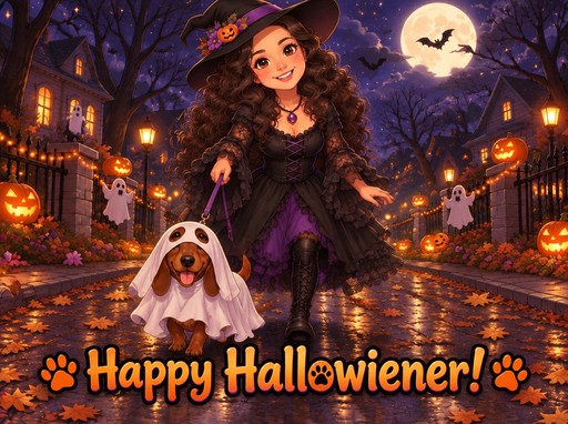 Kawaii Halloween witch walking a dog through an orange-lit, pumpkin-lined street at night.