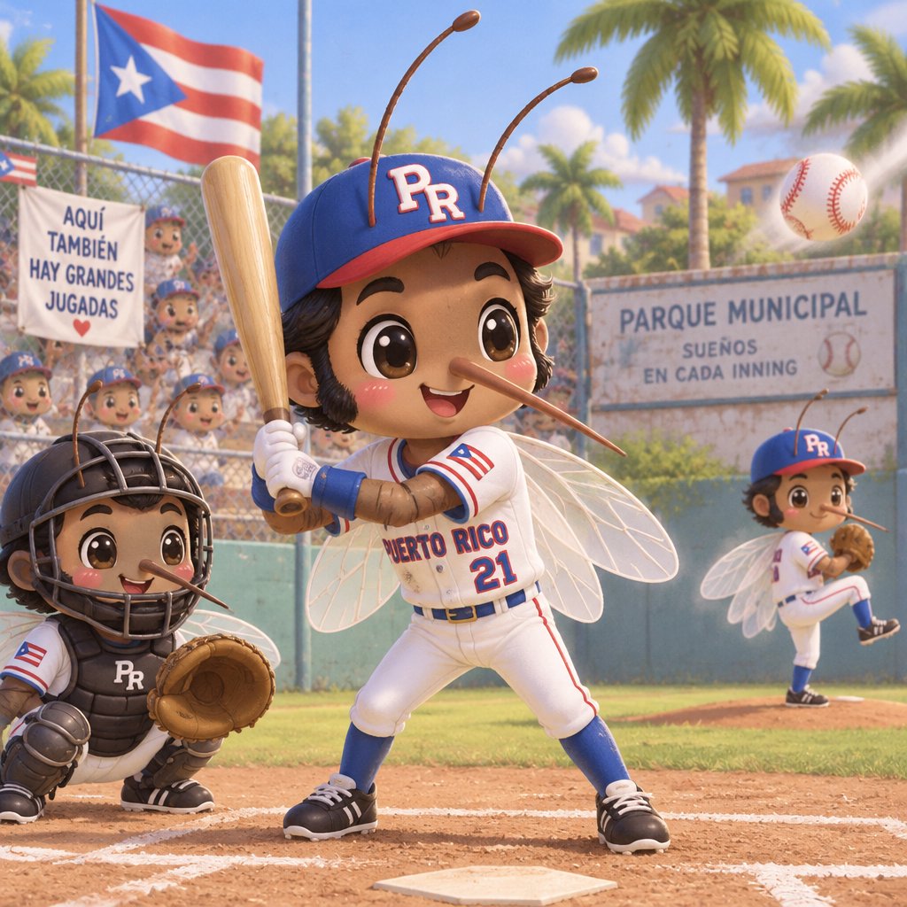 Puerto Rican adult male mosquitos with 2 antenna sticking out of baseball hat, black hair and prominent side burns, playing baseball in local ball park
