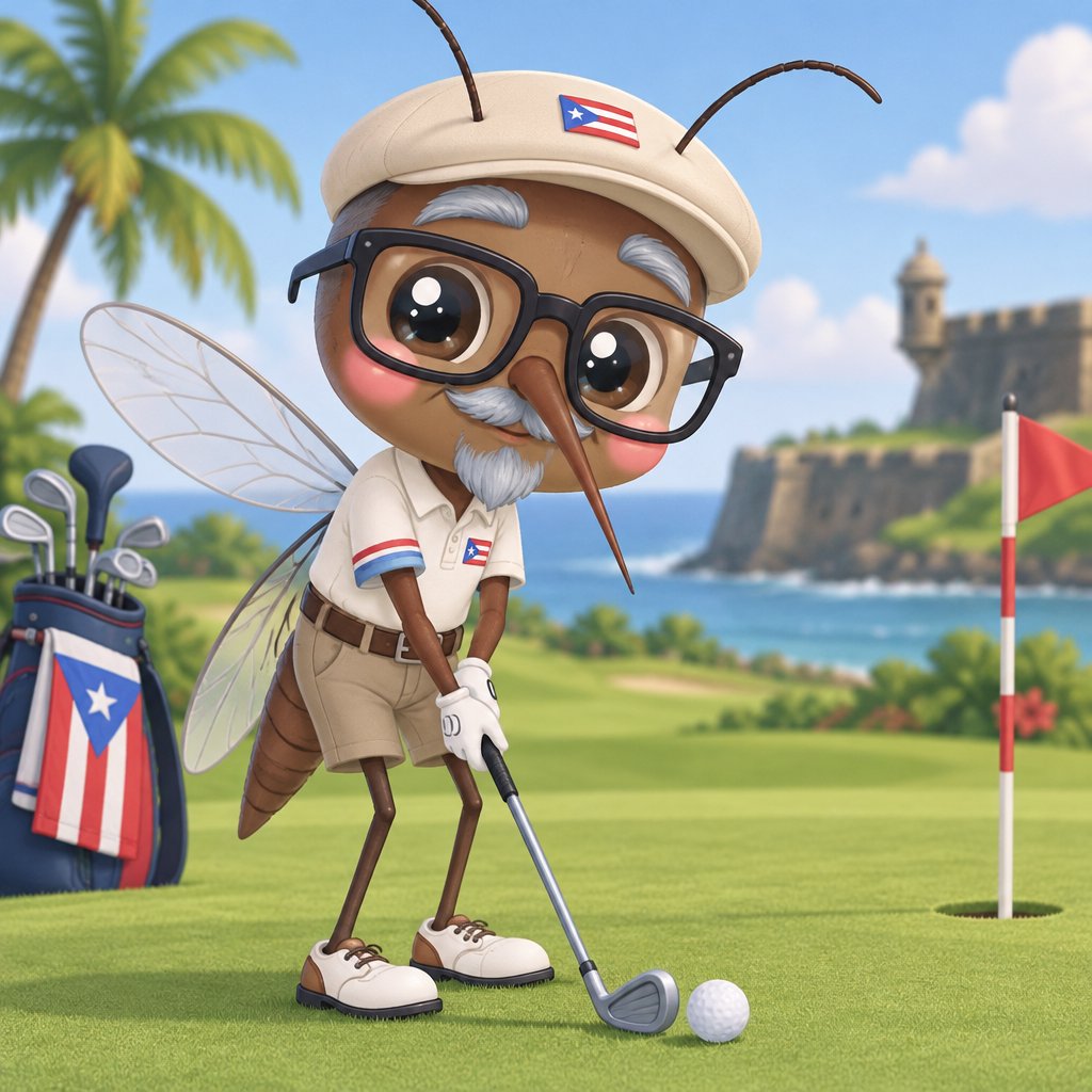 Puerto Rican male mosquito with gray eyebrows, mustache and goatee wearing thick eye glasses playing golf
