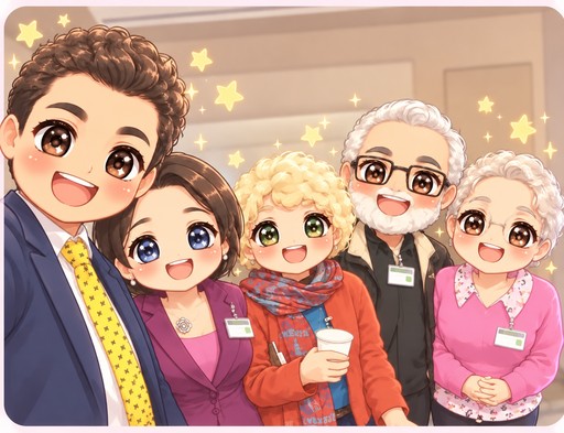 Kawaii cartoon group smiling together under glowing stars in warm pastel colors