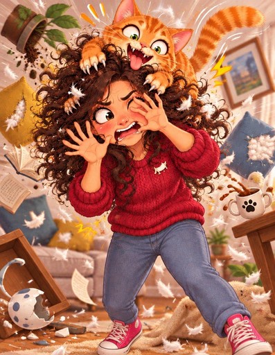 A kawaii illustration of a person startled by playful orange cats in a cozy room.