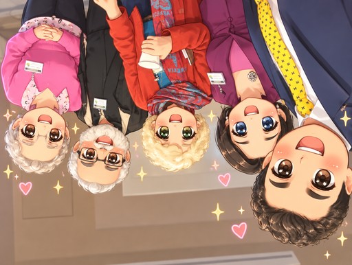 Kawaii cartoon people in colorful coats with pink hearts and sparkles