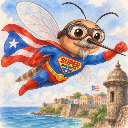 Kawaii cartoon bee superhero flying above a coastal fortress with Puerto Rican flags