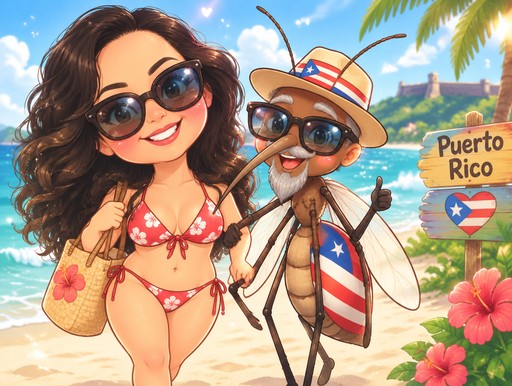 Kawaii beach illustration of a person and cartoon dog in sunglasses, with Puerto Rican flags and tropical flowers.