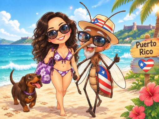 Kawaii beach scene with a person and dog beside a Puerto Rico sign, palm trees, and ocean.