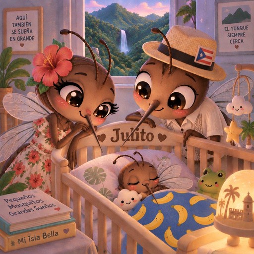 Kawaii woodland animals in hats gaze at a sleeping baby in a crib.