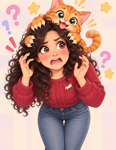 Kawaii cartoon person wearing an orange tiger hat, surrounded by question marks and stars.