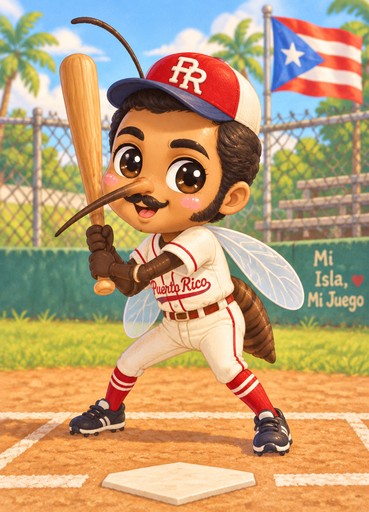 Kawaii baseball player swinging a bat on a sunny field, with Cuban flag and palm trees.