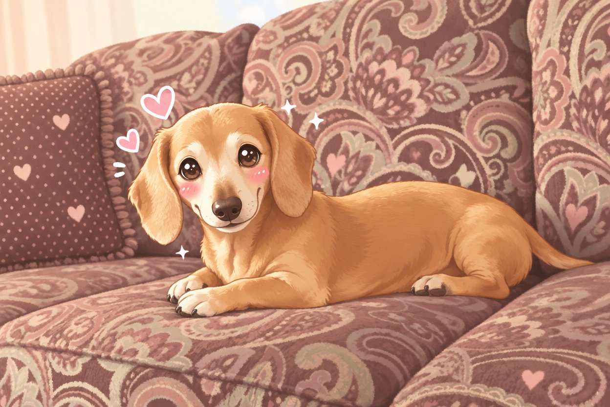 Kawaii tan dog resting on a pink patterned sofa with floating hearts