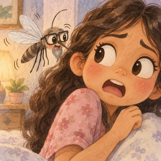 Mosquito with thick eyeglasses and gray goatee buzzing by brunette Hispanic girl’s ear