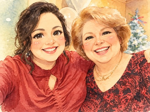 Watercolor illustration of two smiling people in red tops posing by a decorated tree.