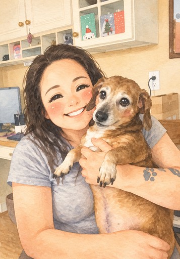 Kawaii-style illustration of a person hugging a brown dog in a cozy kitchen.