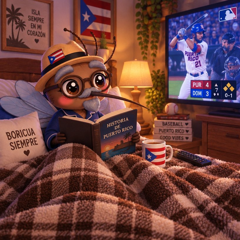 Kawaii blue bird reading a baseball book under a plaid blanket, with warm lights and baseball decor