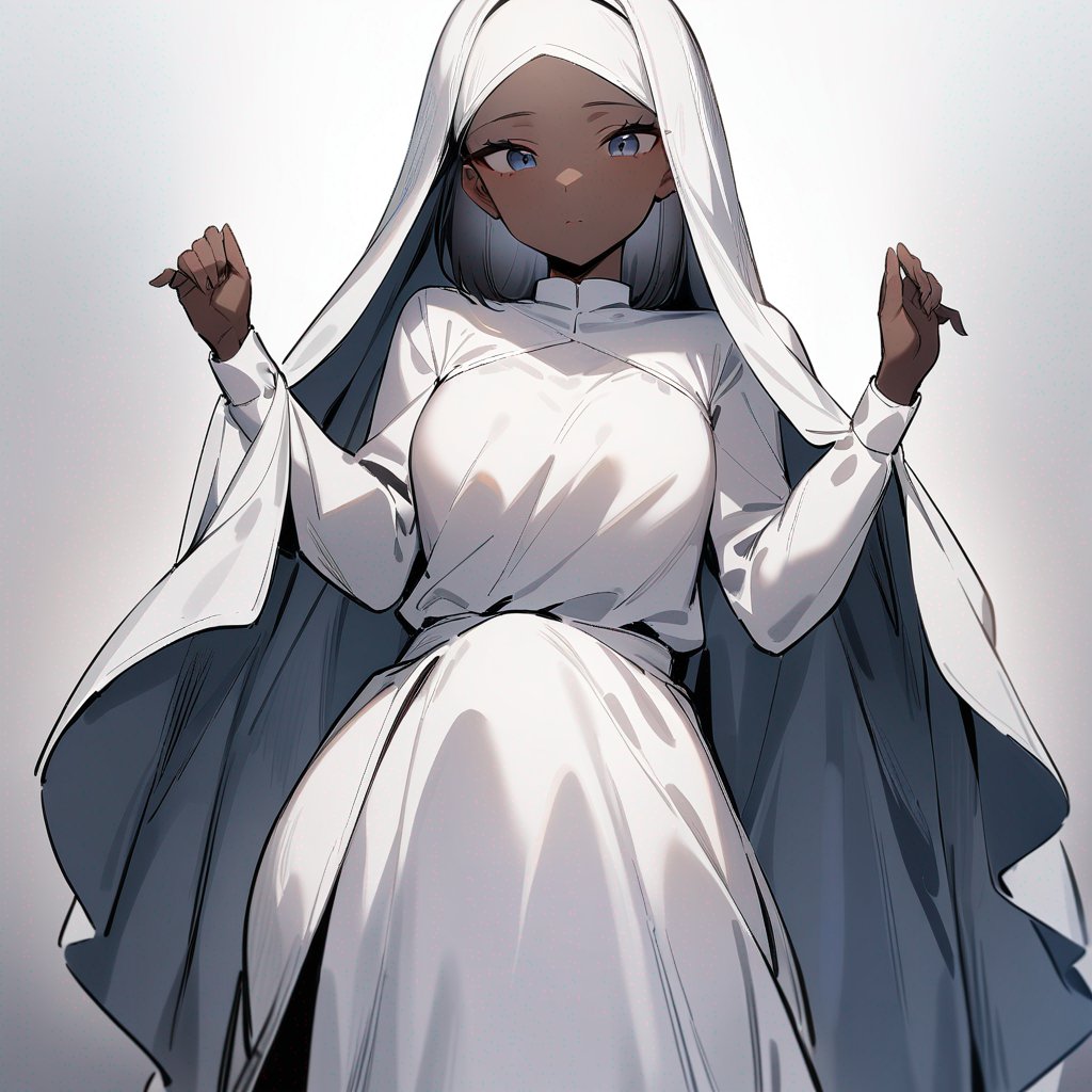 A girl wearing long Abhaya and Hijab without showing her hair and her skin is white.