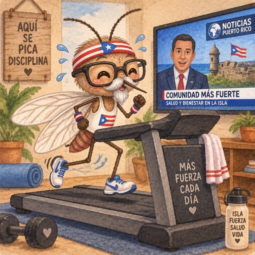 Kawaii bee in patriotic outfit lifting weights beside motivational signs and a news screen.