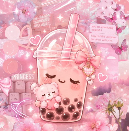 Kawaii pink boba drink with sleeping face, hearts, flowers, and pastel decorations