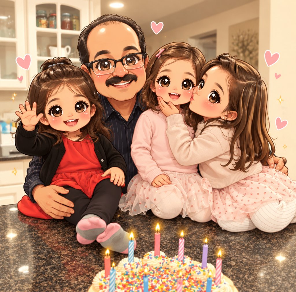 Kawaii caricature family celebrating with a colorful birthday cake in a kitchen.