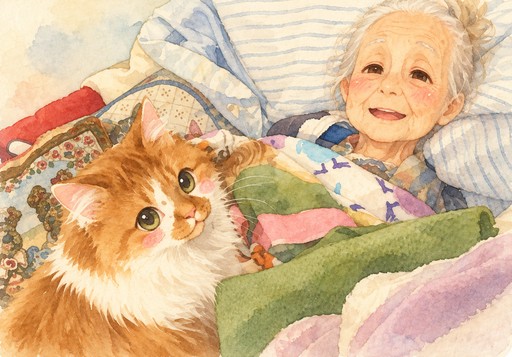 Watercolor illustration of a person cuddling a fluffy orange cat in a colorful bed.