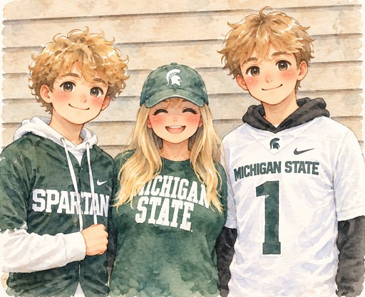Kawaii illustration of three people wearing green and white Michigan State sweatshirts.