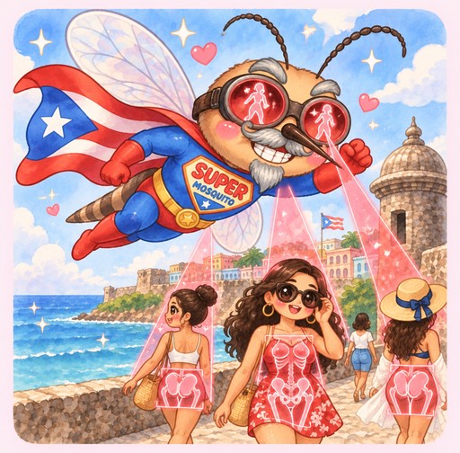 Kawaii cartoon collage of people, a flying superhero, tropical beach, and colorful landmarks