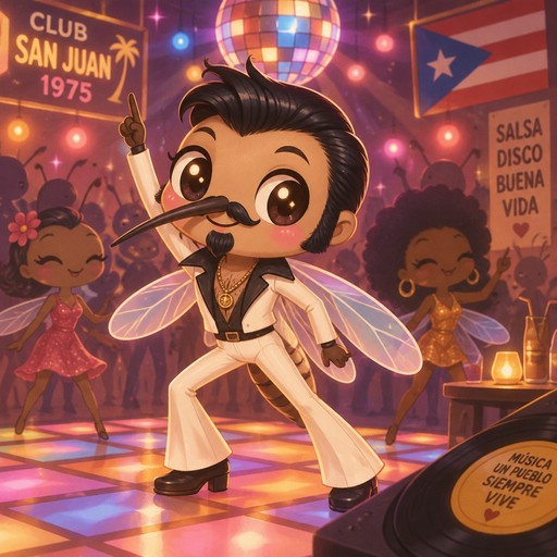 Create image of Puerto Rican mosquito with slicked back black hair, a black goatee, and black mustache, black side burns and disco dancing at a club in 1975