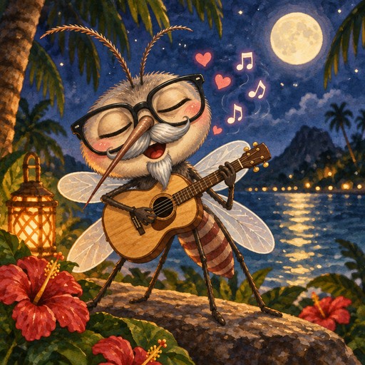 Kawaii firefly playing guitar beside a moonlit tropical lake, with flowers and musical notes