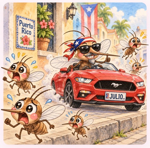 Kawaii insects surround a red convertible with a Puerto Rico flag and palm trees.