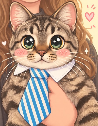 Kawaii tabby cat wearing a blue striped tie with pink hearts and sparkles.