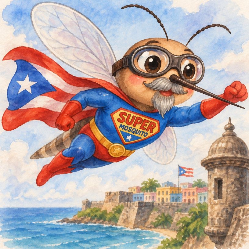 Kawaii cartoon bee superhero flying above a coastal fortress with Puerto Rican flags