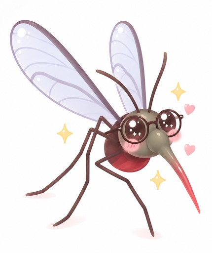 Kawaii pink mosquito with translucent wings, sparkles, and a long proboscis.