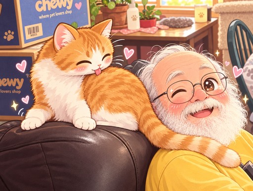 Kawaii illustration of an orange cat cuddling a smiling person in a cozy shop.