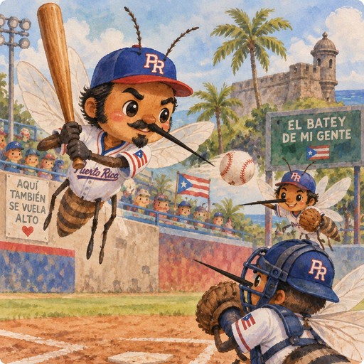 Kawaii baseball illustration with people playing beneath palm trees and colorful stadium signs