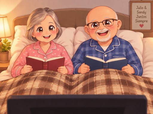 Kawaii illustration of two people reading books under plaid blankets on a couch.