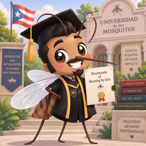 Puerto Rican male mosquito with black hair, side burns, mustache and goatee graduating from Universidad de los Mosquitos with Doctorate of Buzzing by Ears smiling proudly and showing teeth