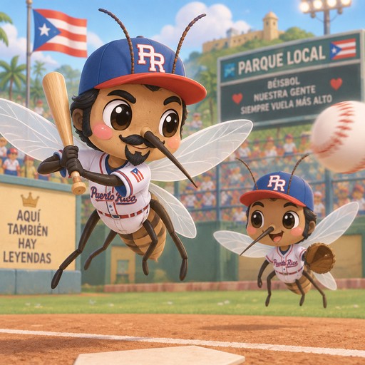 Puerto Rican adult male mosquitos with 2 antenna sticking out of baseball hat, black hair and prominent side burns, playing baseball while in flight  in local ball park.  Add black mustache and goatee to mosquito holding baseball bat.